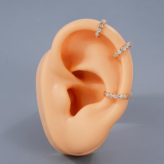 14K Gold Pave CZ Bezel Cartilage Hoop Earrings, Hoop Clicker