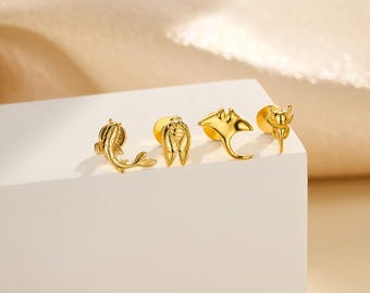 925 Sterling Silver Creature Stud Earrings, 16G/6mm Manta Ray/Beetle/Cicada/Goldfish Flat Back Piercing, Cartilage Conch Helix Tragus Stud