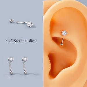 925 Sterling Silver 16G 8mm Curved Barbell, Star CZ Rook Piercing, Daith Earring, Cartilage Stud, Vertical Labret, Prong Set Star Zircon