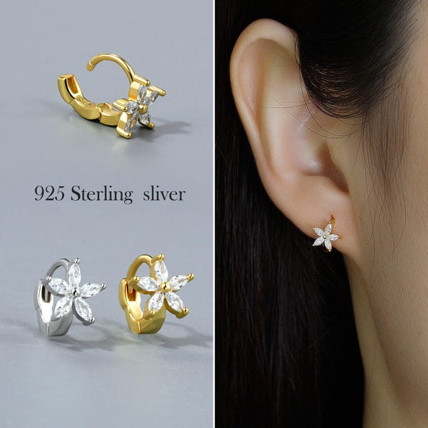 Pair of 925 Sterling Silver Tiny Gold Flower Hoops • Dainty Huggie Earrings • Small Floral Hoop Earrings • Perfect Gift Set • Wedding Gift