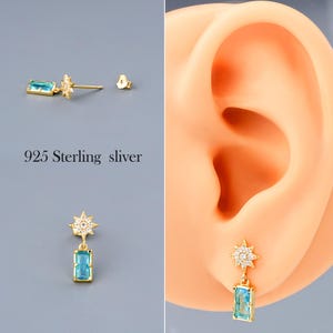 925 Sterling Silver Lobe Earring, 20G Gold Star Stud Earrings with Blue Zircon, Dazzling and Stylish Earlobe Stud, Perfect for Everyday Wear