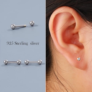 925 Sterling Silver 16G 6mm Cartilage Stud Earring, Ball End Threaded Barbell, Conch/Helix/Flat Piercing, Straight Barbell, 1pc Body Jewelry