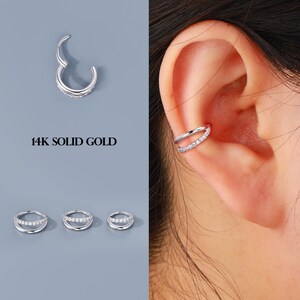 14K Solid Gold Nose Ring, 20G Double Hoop Clicker, Single Row CZ Nostril Ring | Cartilage/Helix/Conch/Tragus Earrings | Dainty Jewelry Gift