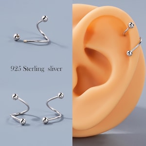 Pendiente de hélice en espiral de plata de ley 925 de 20 g, aro de cartílago en forma de S retorcido para piercing de caracola, lóbulo y hélice, con doble aro con punta esférica.