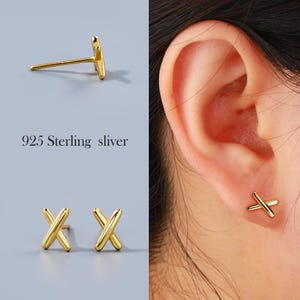 A Pair of Gold Filled X-Shaped Stud Earrings – 20G Minimalist Lobe Studs | 925 Sterling Silver, Unisex Butterfly Back Earrings, 2pcs
