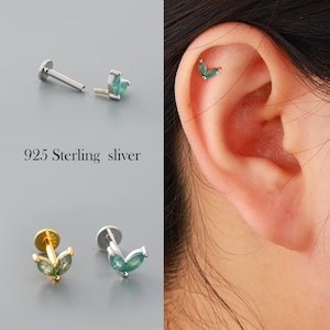 Moss Agate Earring Stud, 925 Sterling Silver Leaf Labret Stud, 16G 8mm Internally Threaded, Gold-Filled Leaf Piercing, Conch/Helix/Nose Stud