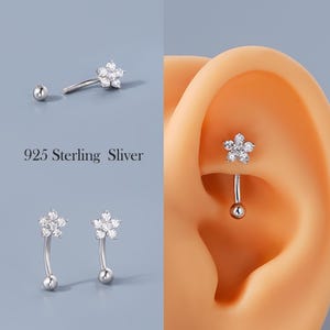 925 Sterling Silver Rook Earring – 16G Curved Barbell (6mm/8mm) | Flower Eyebrow Ring, Vertical Labret, Cartilage Stud, Solid Silver Earring