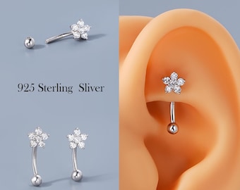 Kolczyki Rook ze srebra próby 925 – zakrzywiony sztanga 16G (6 mm/8 mm) | Kolczyk do brwi w kształcie kwiatka, pionowy labret, sztyft do chrząstki, solidny srebrny kolczyk