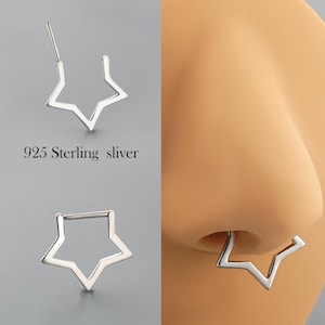 925 Sterling Silver Star Clicker Ring – 16G 8mm Septum Ring, Daith/Helix Piercing – Dainty Star Hoop Earring – Statement Septum Jewelry