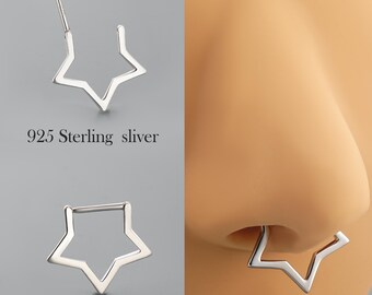 925 Sterling Silver Star Clicker Ring – 16G 8mm Septum Ring, Daith/Helix Piercing – Dainty Star Hoop Earring – Statement Septum Jewelry
