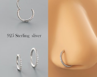 Cerchio con zirconi cubici pavé da 16G/18G/20G, argento sterling 925 - anello al naso con cerniera, piercing per cartilagine, setto, conca, daith, rook, piccolo orecchino a cerchio