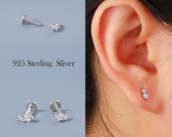925 sterlingzilver twee CZ labret-stekker, 16G 6 mm platte achterkant oorbel, minimalistisch kraakbeen, tragus, schelp, helix sieraden, nikkelvrije stud