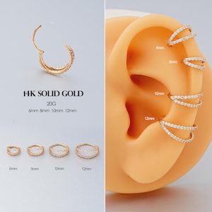14K Solid Gold 20G Double CZ Hoop Earring for Nose/Cartilage/Helix/Tragus/Conch/Daith Gold Huggie Yellow gold Piercing Valentine’s Gifts
