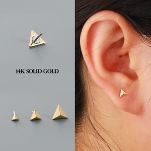 14K Solid Gold Triangle Push Pin Stud – Micro 16G/18G/20G Threadless Flat Back Earring, Minimalist Labret, Cartilage, Tragus, Helix Stud