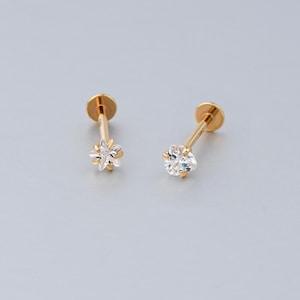 Brinco de pino de pressão sem rosca de ouro maciço 14K com zircônia cúbica e parte traseira plana para cartilagem/trago/hélice/nariz, pontas sem rosca em forma de estrela/coração 16G/18G/20G