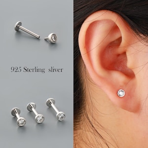 925 Sterling Silver Internally Threaded Labret Stud – 16G (6/8/10mm) | 3mm Bezel-Set Zircon Screw Back Earring | Minimalist Conch/Helix Stud