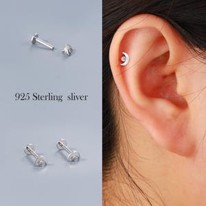 925 Sterling Silver Moon Labret Stud – 16G 8mm | Internally Threaded Screw Back Earring | Minimalist Cartilage, Conch, Lobe, Flat Stud, 1pc