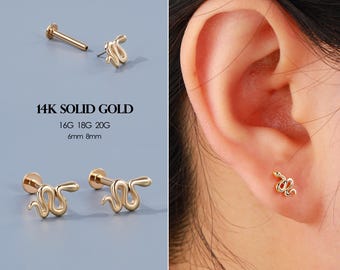 14K Solid Gold Snake Threadless Stud - Push-In Flat Back Ohrring für Lobe, Muschel, Helix, Knorpel, minimalistischer Gold Labret Stud, schönes Geschenk