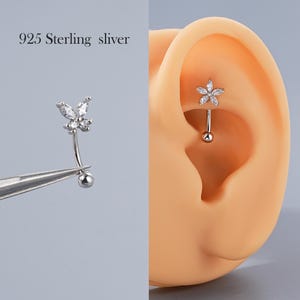 Barra curva de 8 mm y 16 g en plata de ley 925 con diseño de mariposa y girasol para piercings de labio, ceja, labio superior, piercing de labio vertical. Regalo.