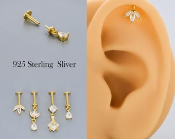 Orecchini a perno con elica nascosta in argento sterling 925, pendenti verticali per cartilagine, diamanti CZ Marquise, 1 pezzo