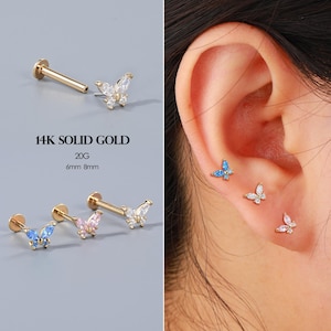 14K Solid Gold Butterfly CZ Gem Push Pin Stud, Colorful Butterfly Earrings for Cartilage/Tragus/Helix/Conch Gold Threadless Labret Stud Gift