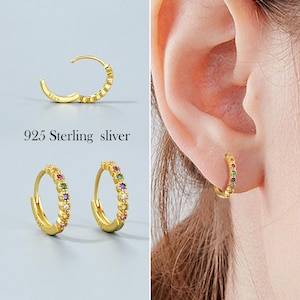 925 Sterling Silver Huggie Earrings • Multicolored Zircon Earrings • Gold Huggie Hoops • Fine Silver Earrings • Minimalist Earrings • Gift