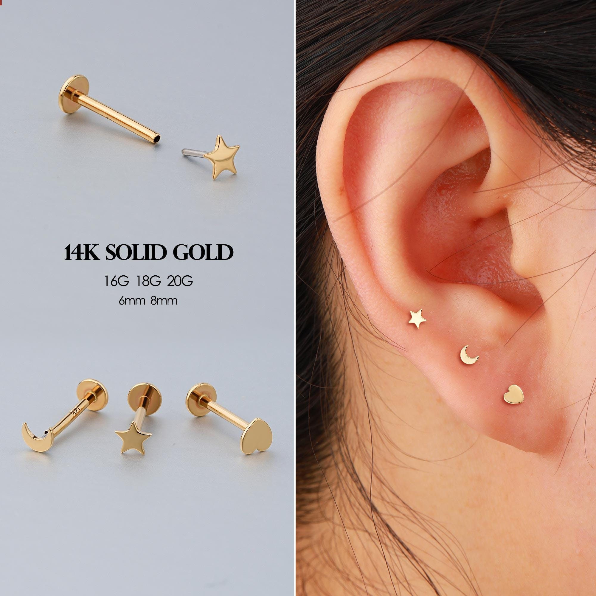 16G 18G 20G 14K ソリッドゴールド ハート/スター/ムーン スレッドレス