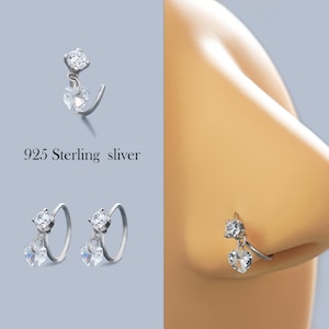 Aro nasal con dije de corazón de 20 g y 8 mm, de plata de ley 925, con circonita cúbica en forma de garra, delicado tornillo nasal, joya nasal sin níquel (1 unidad)