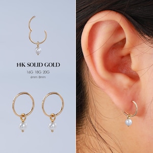 14K Solid Gold Earring Accessories – Single Pearl Charm, Dainty 3/4mm Pearl Dangle, Pairs with Hoop Earrings, Pearl Pendant Sold Separately