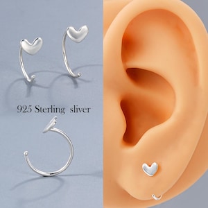 20G Minimalist Open Hoop Earring, 925 Sterling Silver Round Ear Wires, Simple Heart End Earring Set, Lobe/Cartilage Piercing, Sold as a Pair