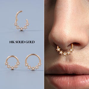 14K Solid Gold Star Septum Ring, 16G 8/10mm Row Stars with CZ Gemstones, Daith Clicker, Cartilage Hoop Earring, Yellow Gold Hinged Clicker