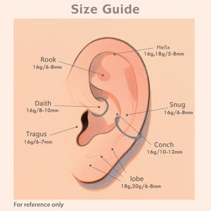 K&ouml;nnte beinhalten: Eine illustrierte Ohrenzeichnung mit Piercing-Positionen, beschriftet mit: Rook, Daith, Tragus, Helix, Snug, Conch und Lobe. Jede Position enth&auml;lt Angaben zu St&auml;rke und Millimetergr&ouml;&szlig;e. Der Text "Size Guide" steht oben.