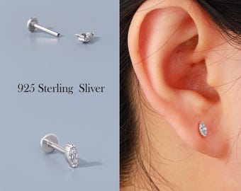 925 sterlingzilver Marquise CZ Labert-stekker, 16G 8 mm platte achterkant oorbel, minimalistisch kraakbeen, tragus, schelpoorbel, terug naar school cadeau