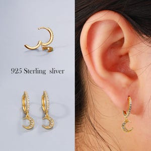 925 Sterling Silver Moon Pendant Earrings, Pave CZ Gemstones Golden Hoop Earrings, Dainty Crescent Clip-on Hoops, Sparkling Earrings Gift