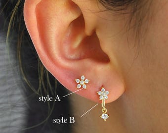 925 Sterling Silber Blumen Ohrring Set | Lobe / obere Lobe Ohrstecker oder Huggie Creolen | Verkauft als Paar