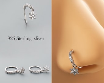 Sömlös näsring i 925 sterlingsilver – 20G 7 mm | Elegant näsborrring med CZ-beslag, 5 mm stjärnberlock, hypoallergena näspiercingsmycken 1 st