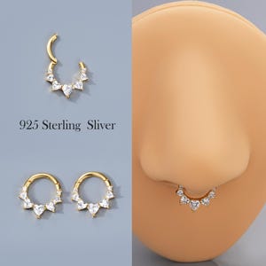 Heart Zircon Septum Clicker – 925 Sterling Silver 16G 8mm Daith Hoop | Gold Hinged Cartilage Earring, Sparkly Clicker Ring, Septum Piercing