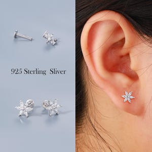 925 Sterling Silver Sunflower Labret Stud – 16G 6mm/8mm Flat Back Earring for Lobe, Conch, Helix | Internally Threaded Flower Jewelry Gift