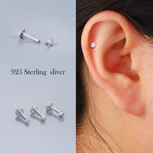 925 Sterling Silver Internally Threaded Labret Stud – 16G 6/8mm Post, 2/2.5/3mm Tiny Flat Disc Earring, Conch/Helix/Tragus Flat Back Earring