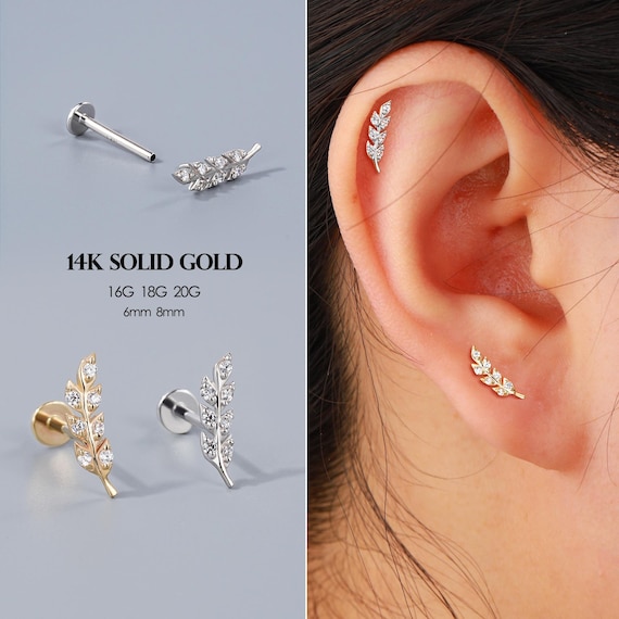 14K Gold/white Gold Leaf Push Pin Stud Cartilage Tragus Rook