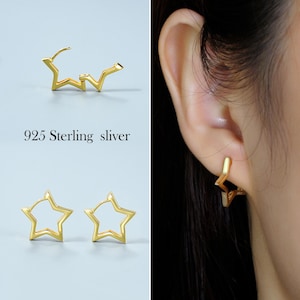 925 Sterling Silver Gold Star Huggie Earring • Stacking Earrings • Star Hoop Earring • Minimalist Earring • Lightning Bolt Earring • Gifts