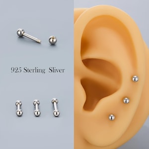 925 Sterling Silver Cartilage Stud Earring, 16G 6/8/10mm, Ball End Threaded Barbell, Conch/Helix/Tragus, Straight Barbell, 1pc Body Jewelry