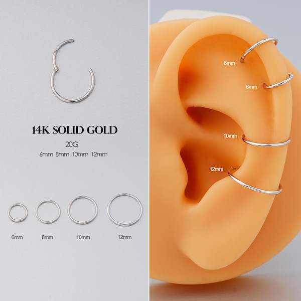 14K Solid White Gold Clicker Hoop 16G 18G 20G, in voller Größe Nasenknorpel Helix Daith Tragus Rook Ohrring, klassischer Klappring