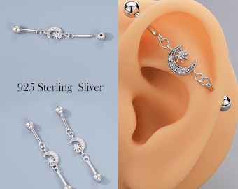 925 Sterling Silver Industrial Barbell – 14G 38mm Moon & Star Piercing Jewelry | Celestial Scaffold Earring for Cartilage, Unique Silver Bar
