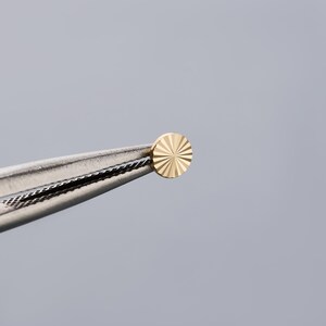 K&ouml;nnte beinhalten: Ein kleiner, goldfarbener, kreisf&ouml;rmiger Ohrstecker mit einem Sonnenstrahl-Design, der von einer Pinzette gehalten wird. Der Ohrring hat eine helle, gl&auml;nzende Goldfarbe. Die Pinzette ist silberfarben und hat einen strukturierten Griff. Der Hintergrund ist einfarbig hellgrau.