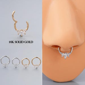 Solid 14K Gold 16G Septum Ring, Set CZ Hinged Segment Ring, Elegant Daith Hoop Earring, Cartilage Stacking Earrings 8mm/10mm Clickers, Gift