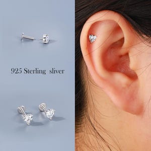 925 Sterling Silver Internally Threaded Labret Stud – 16G (6/8mm) | Heart Zircon Screw Back Earring | Minimalist Conch/Helix/Tragus Stud