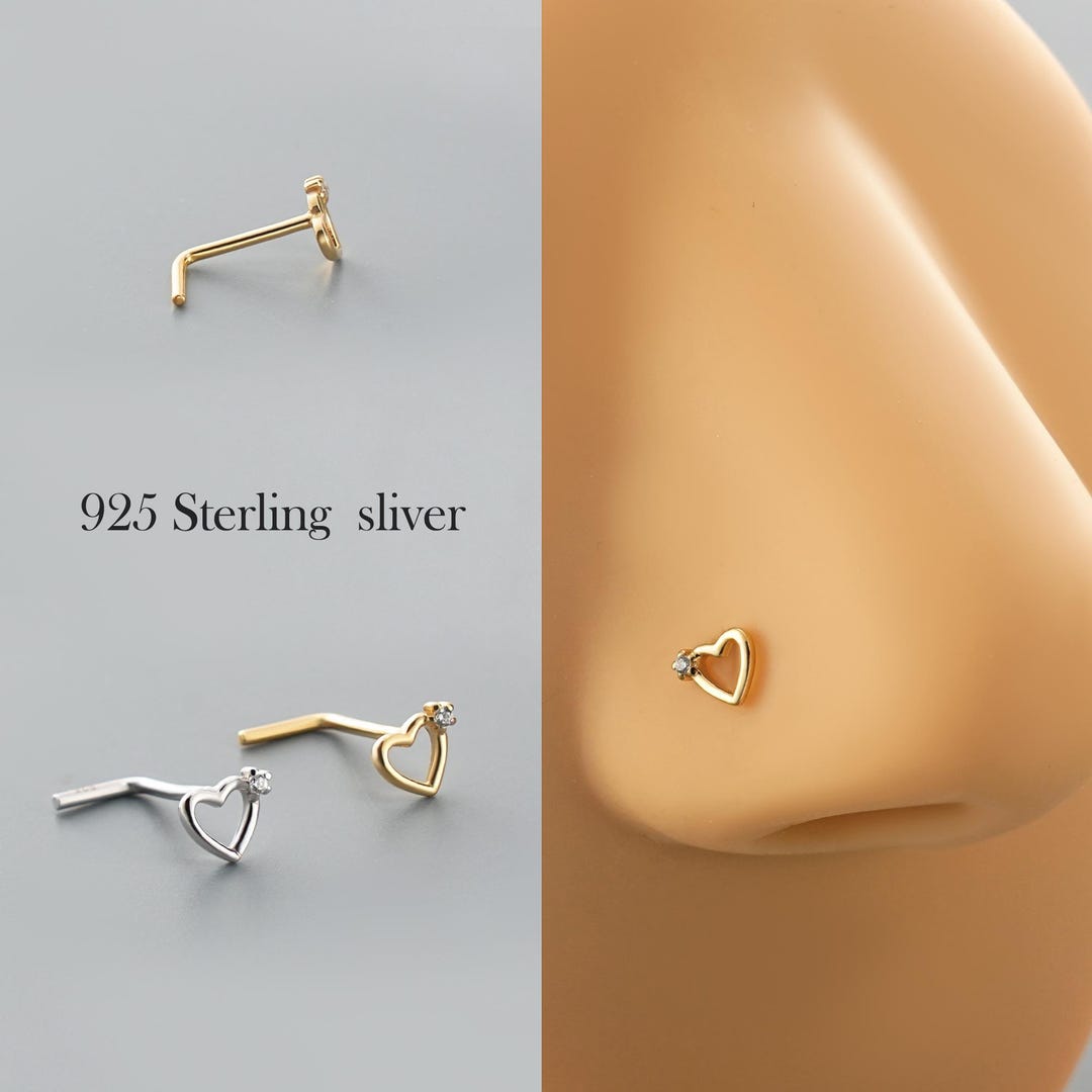 925 Sterling Silver L-shaped Nose Stud | Dainty Heart Nose Pin | Minimalist Nostril Piercing | Tiny Nose Ring | Hypoallergenic Jewelry Gift - Etsy Japan