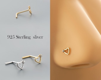 Piercing nasale a forma di L in argento sterling 925 / Delicato perno nasale a forma di cuore / Piercing minimalista alla narice / Piccolo anello al naso / Gioiello ipoallergenico da regalo