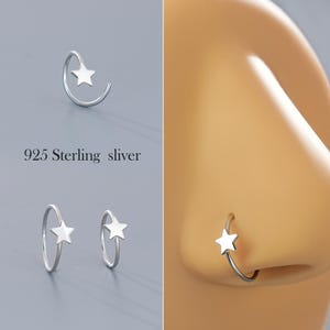 925 Sterling Silver Star Nose Hoop Ring – 20G Adjustable Open Ended Nose Ring, 8/10mm Nostril Hoop, Tiny Star Nose Piercing Jewelry Gift 1pc